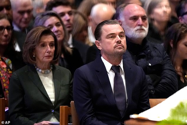Leonardo DiCaprio paid heartfelt tribute to renowned conservationist Jane Goodall at her funeral in Washington, DC, on Wednesday. He's pictured with fellow mourner Nancy Pelosi.