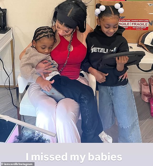 Cardi B is already mother to three children whom she shares with ex Offset : Kulture, seven, Wave, four and Blossom, one; seen above with Kulture and Wave