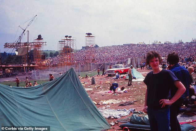 An aerial photograph of Woodstock Festival. Other acts that performed included Janis Joplin and Jimi Hendrix
