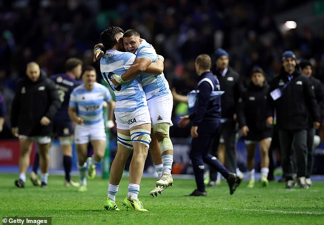 Efrain Elias and Thomas Gallo celebrate Argentina's thrilling comeback against Scotland
