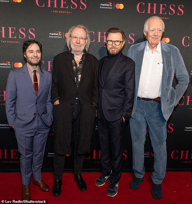 Tim, 81, known writing the likes of Jesus Christ Superstar, Evita and The Lion King, looked sharp in a steel grey corduroy suit and button-up shirt (seen with Danny Strong on left)