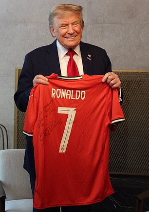 Trump pictured holding a signed Ronaldo jersey