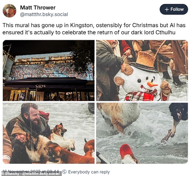 One commenter on Bluesky joked that the scene might seem festive, but thanks to the involvement of AI, it appeared to 'celebrate the return of our dark lord Cthulhu'