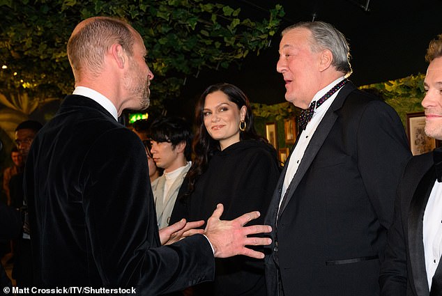 Inside the downstairs bar, the prince chatted to Celebrity Traitors star Sir Stephen Fry, where William revealed his entire family tuned in for the recent BBC series