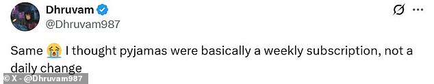 One commenter joked that they thought pyjamas were a 'weekly subscription' rather than something that needed a daily change