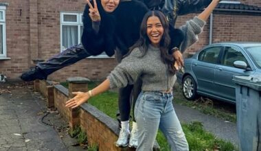 Emma Grede (centre) pictured with two of her sisters outside the humble 1970's terraced house in Plaistow, east London, where she grew up before finding fame and fortune