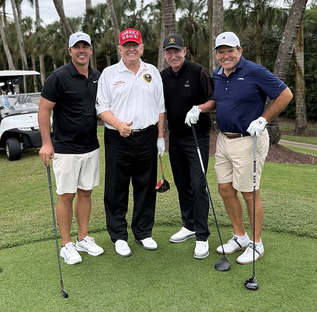 Trump played with LIV star Brooks Koepka (left) and NHL icon Wayne Gretzky (third from left)