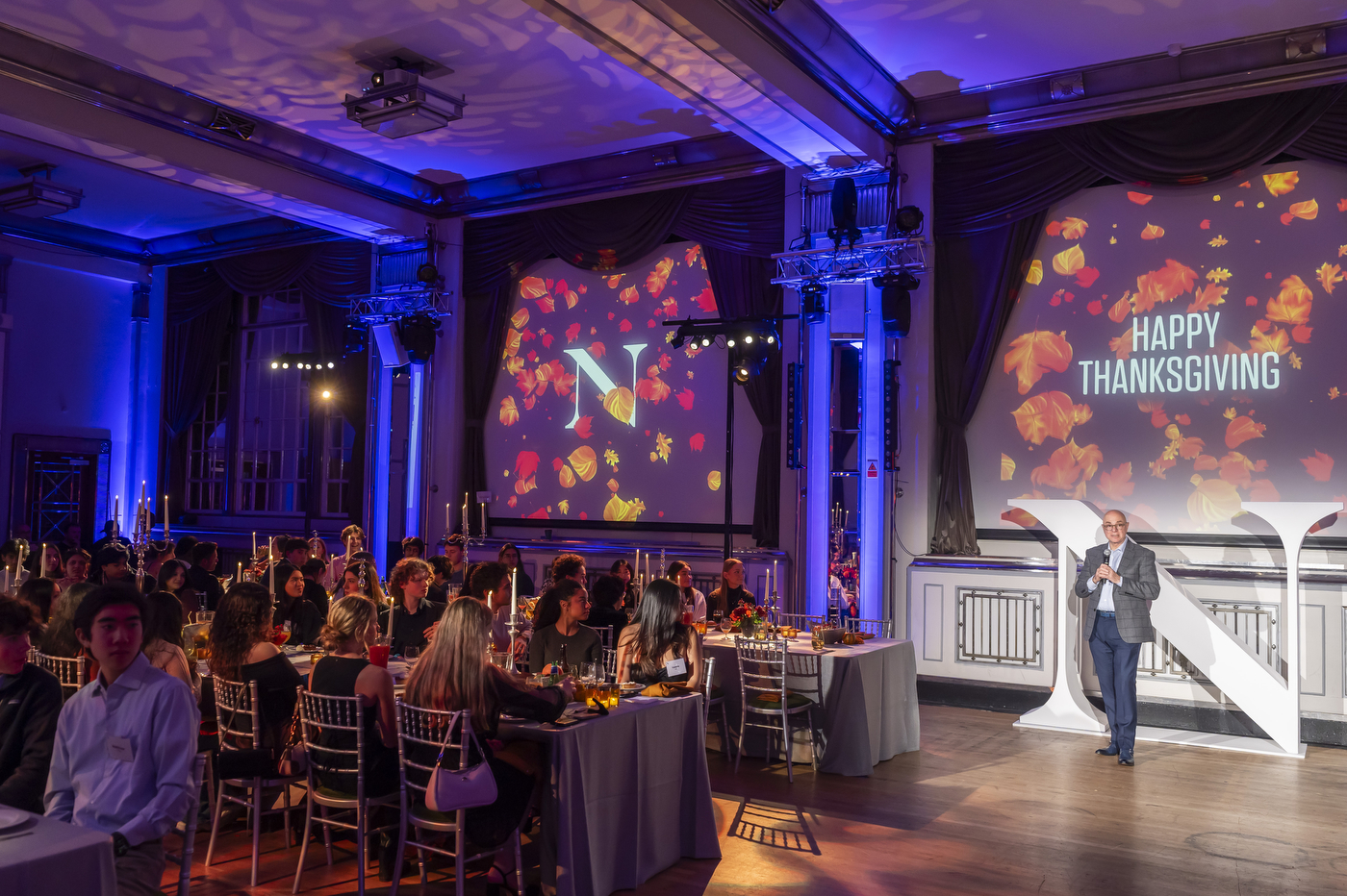Northeastern University president Joseph Aoun speaks to a room full of students in a ballroom