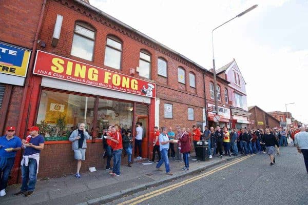 LIVERPOOL, ENGLAND - Saturday, September 10, 2016: Liverpool supporters queue up to the Sing Fong Chinese chip shop before the FA Premier League match against Leicester City at Anfield. (Pic by David Rawcliffe/Propaganda)