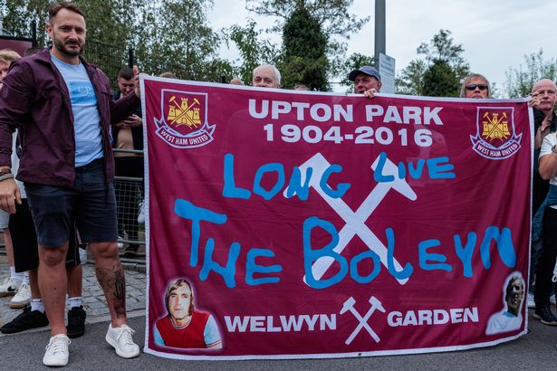 West Ham United supporters attend a protest outside the London Stadium against the running of the club by the current Board of Directors on 20th September 2025 in London, United Kingdom. The protest before the Premier League match against Crystal Palace was organised by Hammers United, an independent supporters' group affiliated to the Football Supporters' Association, and called in particular for the resignation of Chair David Sullivan and Vice-Chair Karren Brady