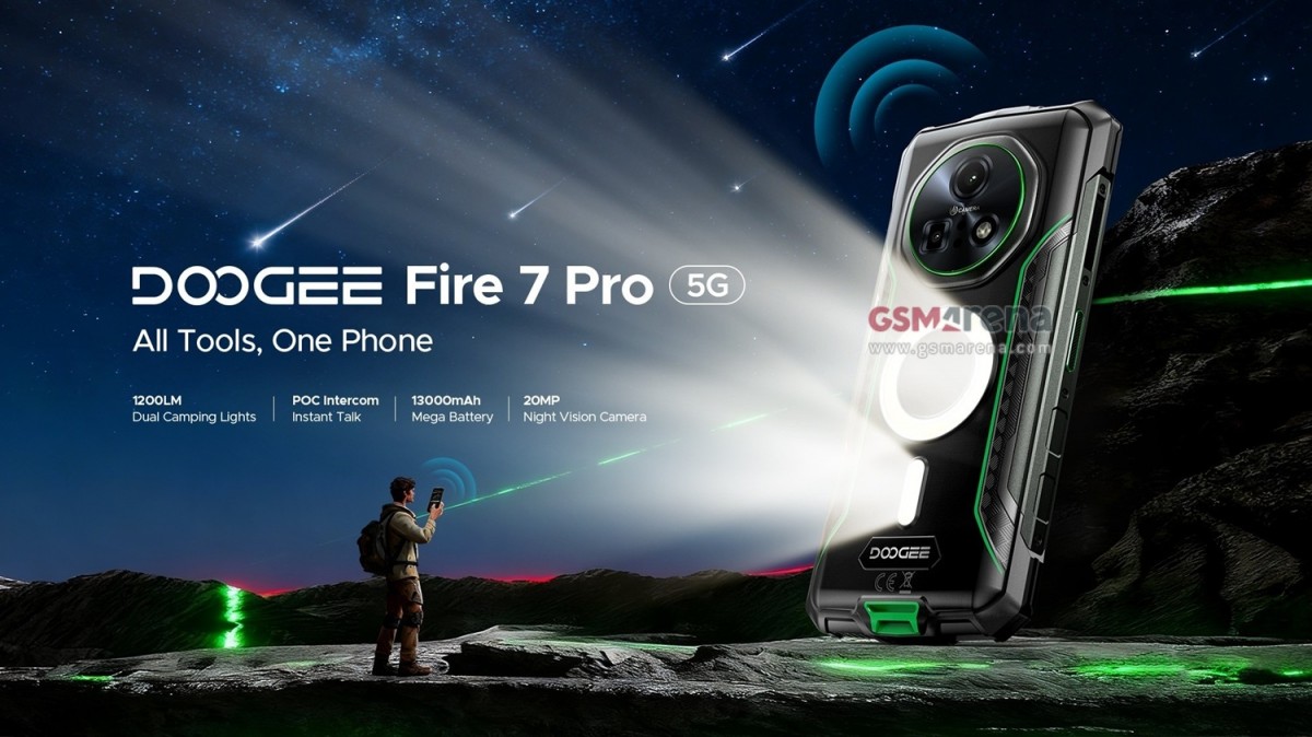 Doogee Fire 7 Pro with camping lights, a 13,00 mAh battery, and POC intercom surfaces
