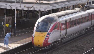 Forensic teams gathering evidence at Huntingdon train station on Sunday, after a mass train stabbing. Pic: PA