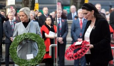 Michelle O’Neill lays wreath to mark Remembrance Sunday at Belfast City Hall: ‘Today, I remember all lives lost in the horror of war and conflict’