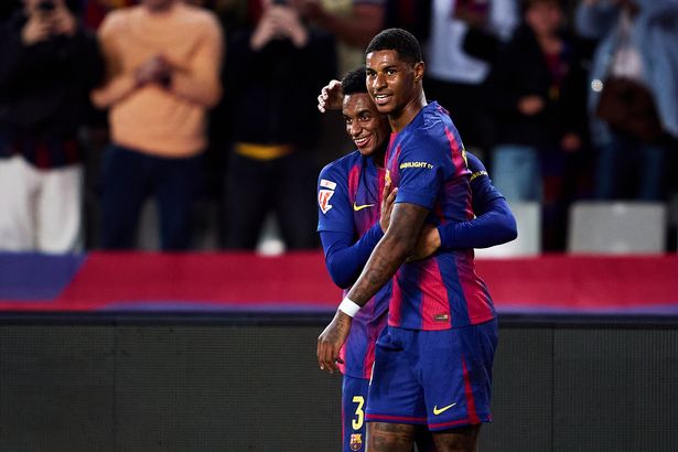 Marcus Rashford of FC Barcelona celebrates after scoring their side's third goal with his teammate Alejandro Balde of FC Barcelona during the LaLiga EA Sports match between FC Barcelona and Elche CF at Spotify Camp Nou on November 02, 2025 in Barcelona, Spain