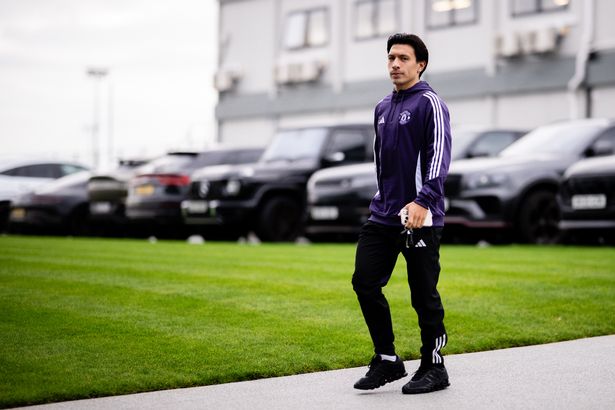 Lisandro Martinez of Manchester United arrives ahead of a first team training session at Carrington Training Ground. 