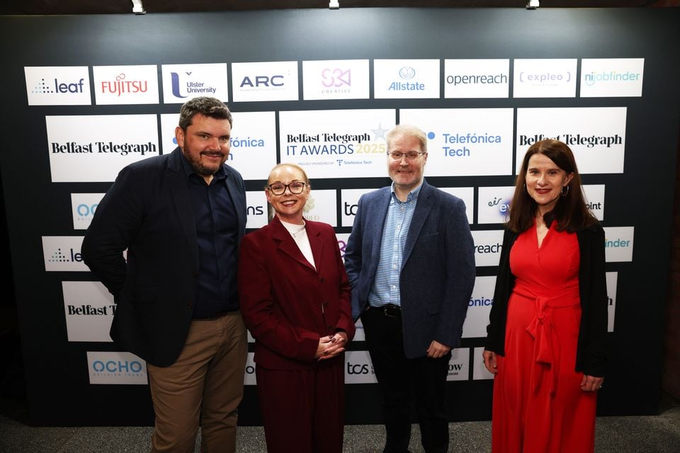 Martyn Bullerwell, CEO Telefonica Tech; Ellen Dickson, Telefonica Tech; Tom Gray, Kainos plc, and Margaret Canning, Business Editor, Belfast Telegraph, at the Belfast Telegraph IT Awards 2025 in partnership with Telefonica Tech. Pic: Peter Morrison