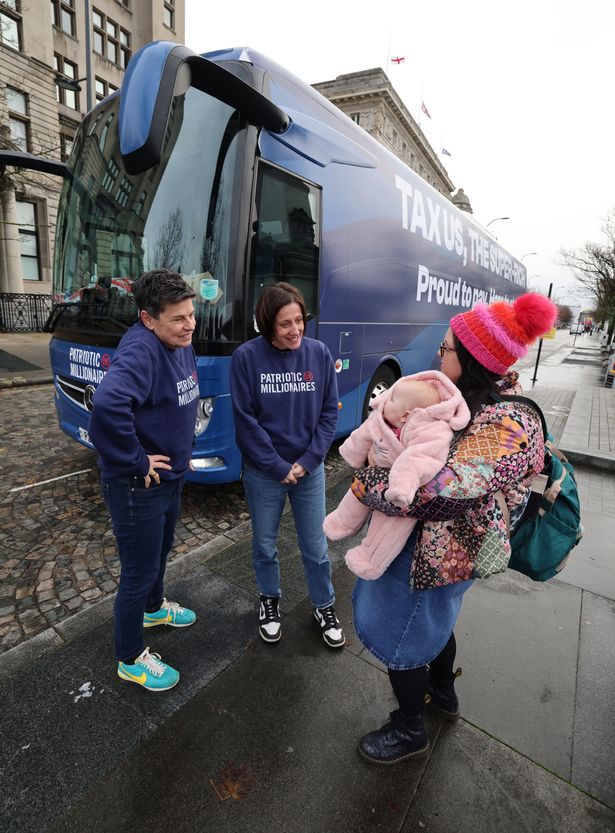 The Patriotic Millionaires campaign bus in Liverpool.