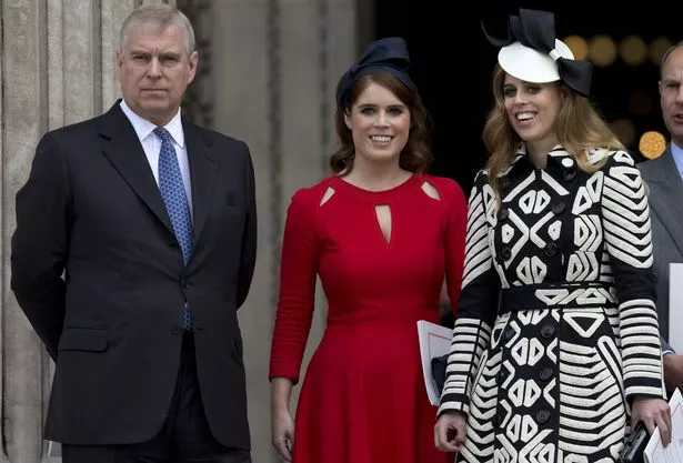 Britain's Prince Andrew (L), Britain's Princess Eugenie of York (2nd L), Britain's Princess Beatrice of York (R) 