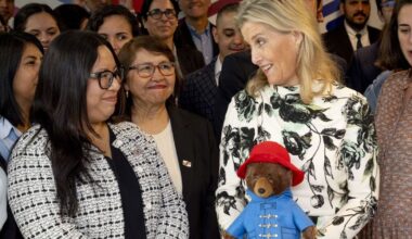 Duchess of Edinburgh poses with Paddington Bear as she holds key meeting with Peruvian President