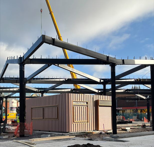The new market kiosks have started to arrive at Ashton Market Square in Tameside