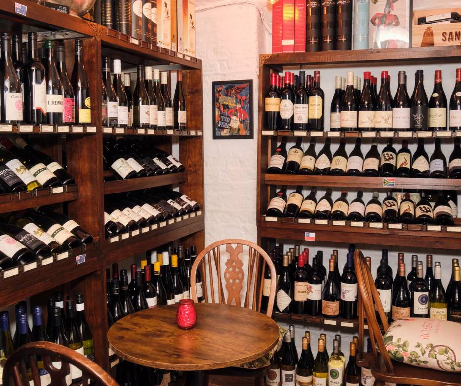 courtyard wine sellers shelves of wine