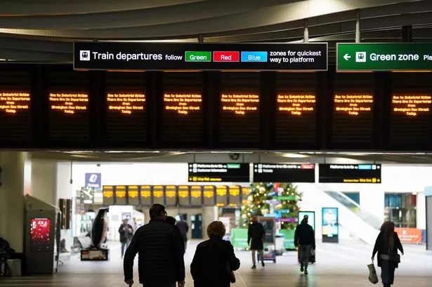Information boards at New Street station in Birmingham state that due to industrial action no departures are shceduled