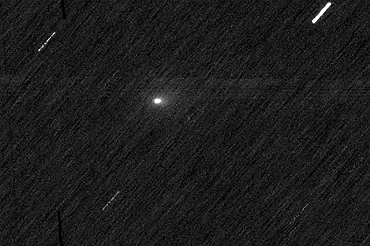 Image of comet 3I/ATLAS in the Martian sky, as seen by ESA's ExoMars Trace Gas Orbiter, 3 October 2025. The spacecraft's camera was trained on the fast-moving comet, which is why background stars appear as streaks. Credit: ESA/TGO/CaSSIS