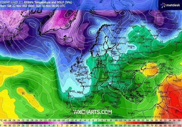 A weather map showing how cold different parts of the country will be 