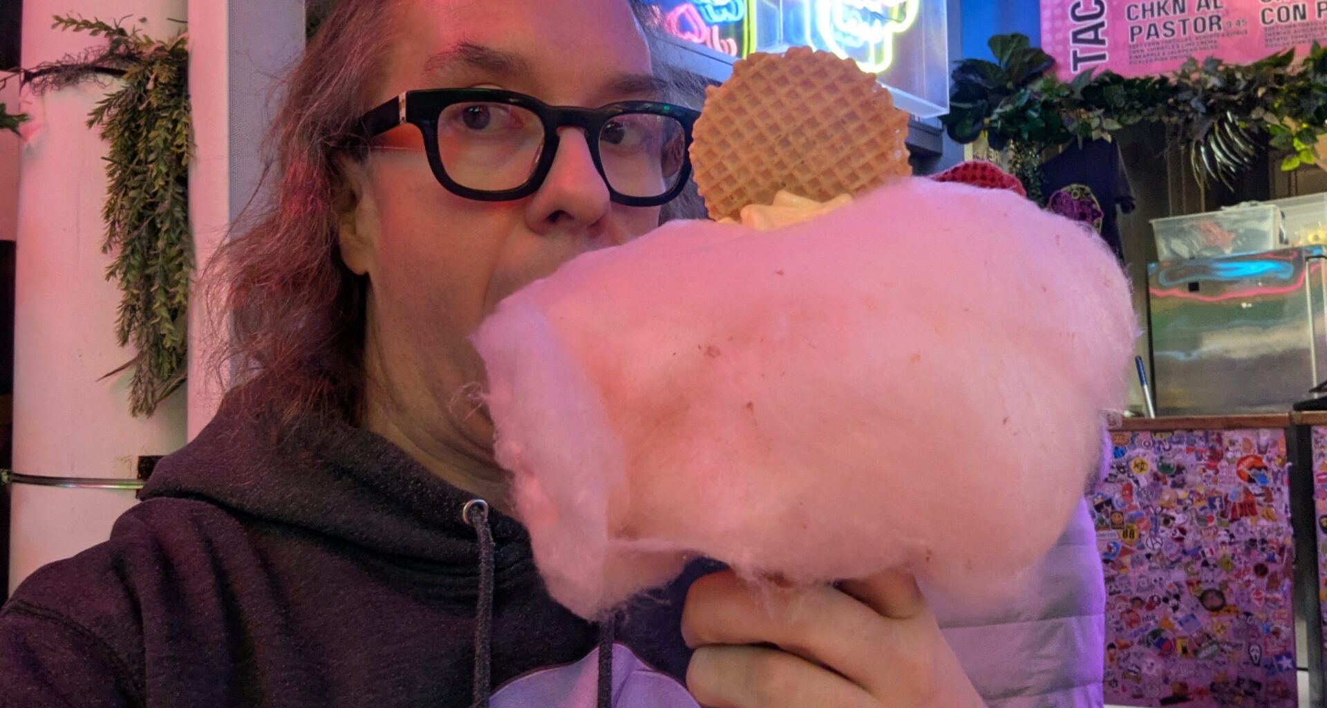 Girdy eats cotton candy and ice cream