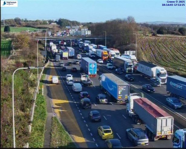 Heavy traffic on the M60, near the M66 closure at Simister Island
