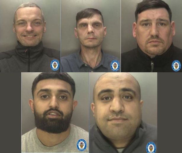 Top l-r: John Gourlay, Justin Boylan, Trevor Leek: bottom l-r: Hassan Zulfiqar and Arfan Latif who have been convicted of conspiracy to rob a Birmingham Jewellery Shop Danyaal Jewellers on Ladypool Road