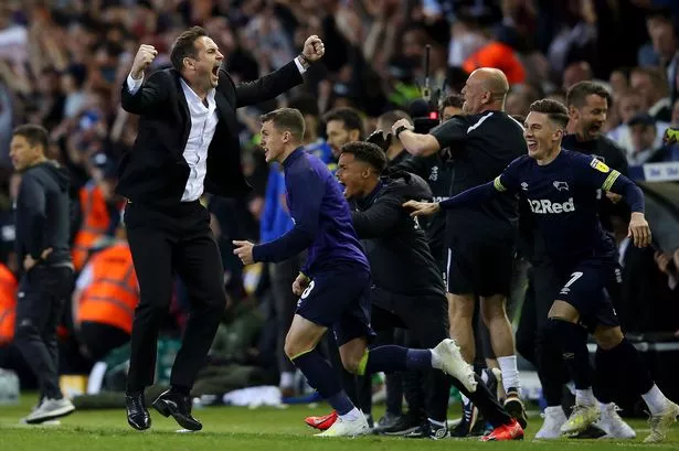 Frank Lampard celebrates victory in the playoff semi-final second leg match between Leeds United and Derby County.