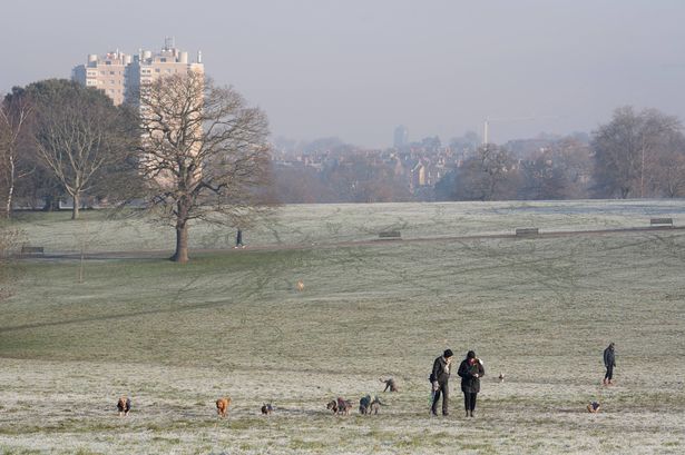 Park users walk through Brockwell Park on a cold January winter morning