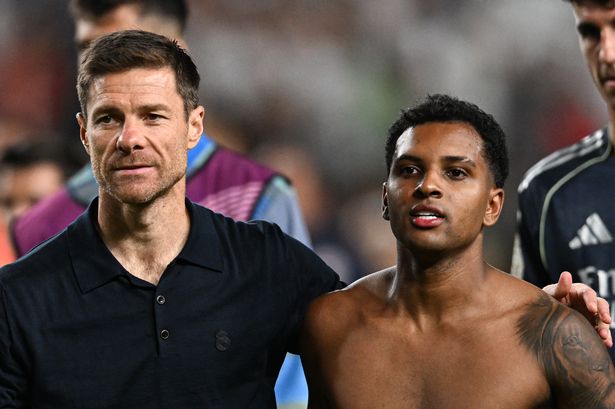Real Madrid boss Xabi Alonso, seen here with Brazil star Rodrygo, has turned down Leeds' approach