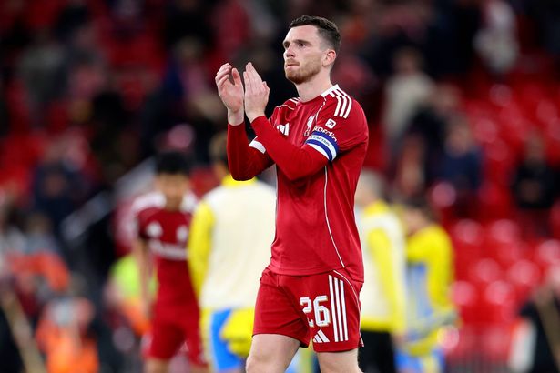 LIVERPOOL, ENGLAND - SEPTEMBER 23: Andrew Robertson of Liverpool applauds the fans after the Carabao Cup Third Round match between Liverpool and Southampton at Anfield on September 23, 2025 in Liverpool, England. (Photo by Ed Sykes/Sportsphoto/Allstar Via Getty Images)