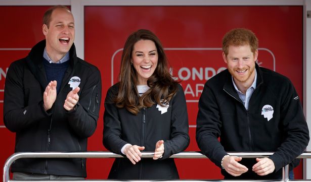 LONDON, UNITED KINGDOM - APRIL 23: (EMBARGOED FOR PUBLICATION IN UK NEWSPAPERS UNTIL 48 HOURS AFTER CREATE DATE AND TIME) Prince William, Duke of Cambridge, Catherine, Duchess of Cambridge and Prince Harry cheer on runners as they start the 2017 Virgin Money London Marathon on April 23, 2017 in London, England. The Heads Together mental heath campaign, spearheaded by The Duke & Duchess of Cambridge and Prince Harry, is the marathon's 2017 Charity of the Year. (Photo by Max Mumby/Indigo/Getty Images)