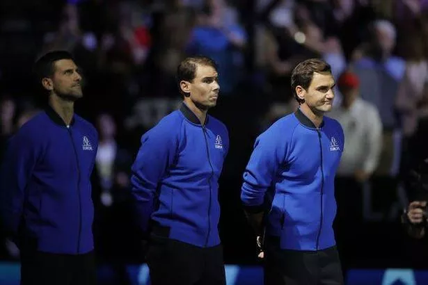 (L-R) Novak Djokovic, Rafael Nadal and Roger Federer at the 2022 Laver Cup day one