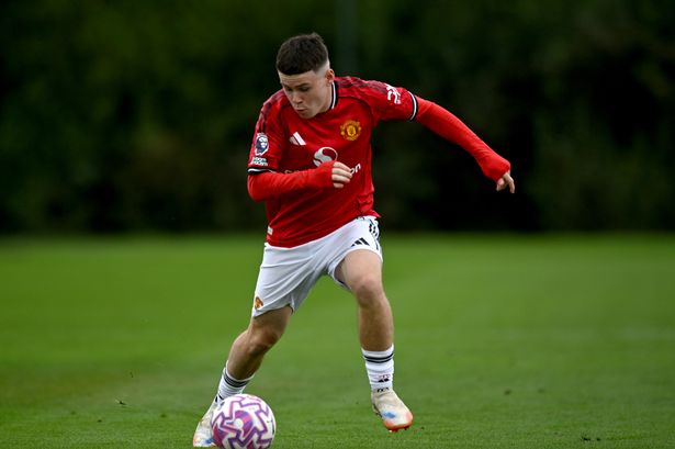 Manchester United's Kai Rooney in action during the Under 18 Premier League between Manchester United U18s and Middlesbrough U18s at Carrington Training Ground on August 23, 2025 in Manchester, England