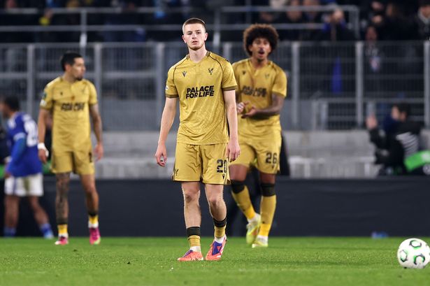 Adam Wharton reacts to his side conceding during the UEFA Conference League 2025/26 League Phase MD4 match between Strasbourg and Crystal Palace FC. 