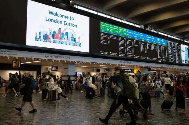 LONDON, ENGLAND - AUGUST 09: LED departure boards are seen inside London Euston railway station on August 09, 2025 in London, England, . (Photo by James Gill - Danehouse/Getty Images)