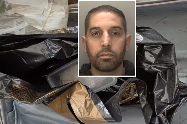 Noor Khan's (inset) drugs operation, the Noor Line, was uncovered following a car stop which led to a suitcase full of heroin and cocaine (some of the drugs pictured) being found, which had his name and address on it 