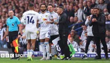 Dominic Calvert-Lewin comes on for Lukas Nmecha during the Premier League match between Leeds United and Newcastle United at Elland Road, with Daniel Farke looking on
