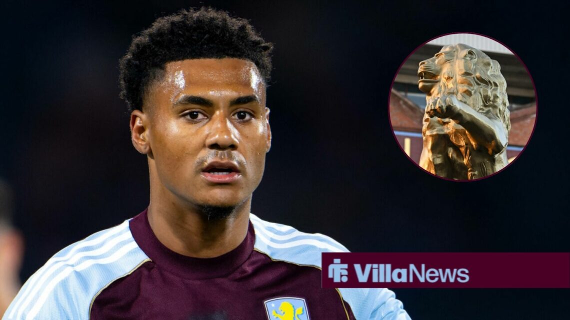Ollie Watkins looking towards a circle inset of a lion at Villa Park
