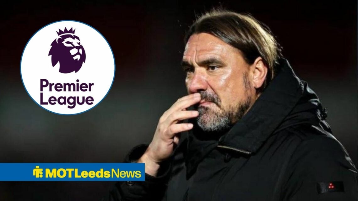 Daniel Farke looking worried in the direction of the Premier League logo.