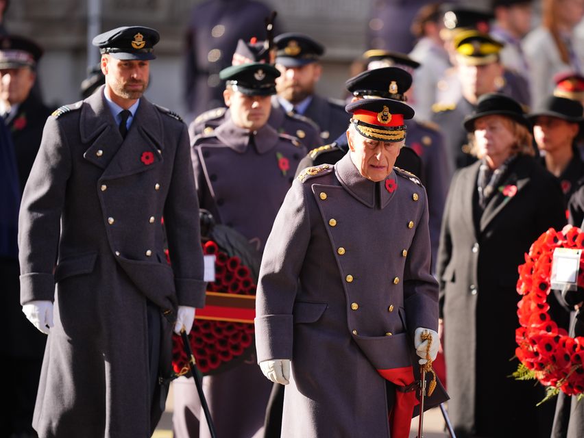 The King was followed by the Prince of Wales during the Remembrance Sunday service at the Cenotaph (James Manning/PA)