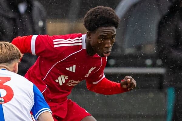 KIRKBY, ENGLAND - Saturday, September 20, 2025: Liverpool's Joshua Abe during the U18 Premier League match between Liverpool FC Under-18's and Blackburn Rovers FC Under-18's at the Liverpool Academy. (Photo by Rafaella Mcintosh/Propaganda)