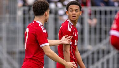 FRANKFURT, GERMANY - Wednesday, October 22, 2025: Liverpool's Josh Sonni=Lambie (R) celebrates after scoring his side's third goal top level the score at 3-3 during the UEFA Youth League match between Eintracht Frankfurt Under-19's and Liverpool FC Under-19's at Sportpark Dreieich. (Photo by David Rawcliffe/Propaganda)