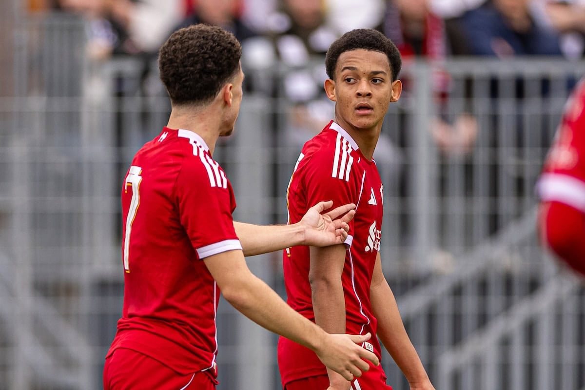 FRANKFURT, GERMANY - Wednesday, October 22, 2025: Liverpool's Josh Sonni=Lambie (R) celebrates after scoring his side's third goal top level the score at 3-3 during the UEFA Youth League match between Eintracht Frankfurt Under-19's and Liverpool FC Under-19's at Sportpark Dreieich. (Photo by David Rawcliffe/Propaganda)