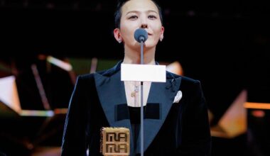 G-Dragon gives his acceptance speech after winning 'Artist of the Year' award at the 2025 MAMA Awards held in Hong Kong, Saturday.  Courtesy of CJ ENM