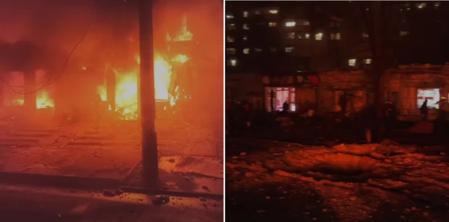 A video posted by the Zaporizhzhia Regional Administration last night shows shops on fire and a crater in the road, Charivna Street, Zaporizhzhia